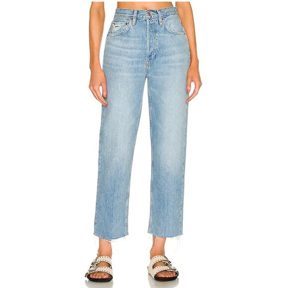 Re/Done Blue High Waisted 70s Ultra Stove Pipe Raw Hem Straight Leg Jeans Sz 28 - Picture 1 of 7